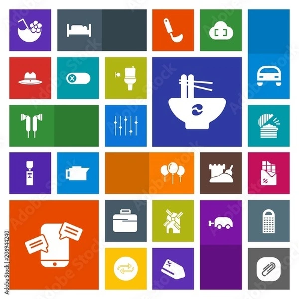 Fototapeta Modern, simple, colorful vector icon set with mill, phone, audio, mobile, electricity, chat, sheriff, chinese, drink, switch, west, business, briefcase, paper, birthday, restaurant, equality icons