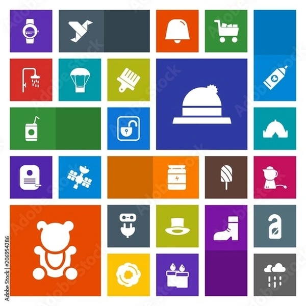 Fototapeta Modern, simple, colorful vector icon set with teapot, adventure, unlock, water, plug, breakfast, drink, outdoor, hat, beverage, gadget, travel, wet, tea, headwear, watch, fashion, lock, open icons