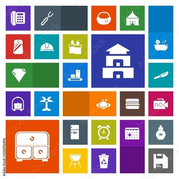 Fototapeta Modern, simple, colorful vector icon set with equipment, salt, knife, planet, freezer, computer, fridge, time, fork, temple, diskette, construction, cutlery, pagoda, culture, watch, seasoning icons
