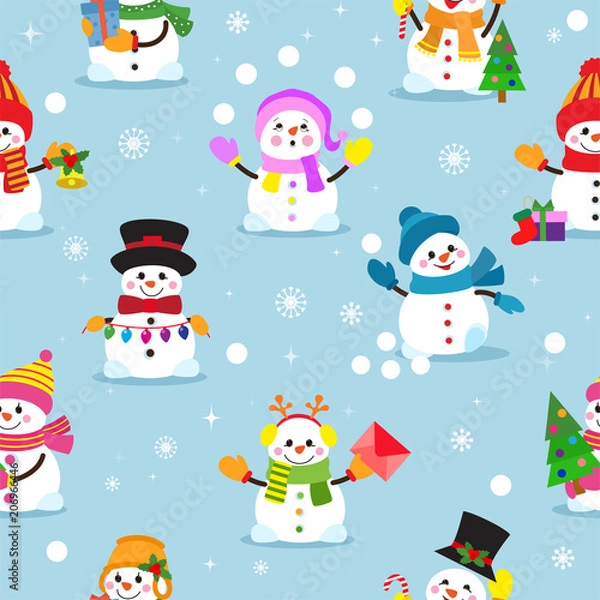 Obraz Snowman cartoon vector winter christmas character holiday merry xmas snow boys and girls illustration seamless pattern background