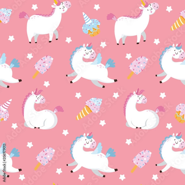 Fototapeta Seamless pattern with pattern and sweets on pink background. Vector illustration