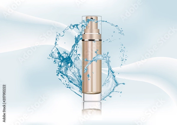 Fototapeta Vector empty bronze gold package for cosmetic products with pump, tube for lotion, tonic, cream. Realistic mockup of glass container with batcher isolated on white-transparent background.