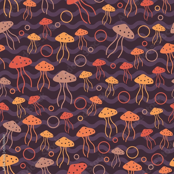Obraz Playful abstract orange jellyfish in purple wavy. A playful, modern, and flexible pattern for brand who has cute and fun style. Repeated pattern. Happy, bright, and nautical mood.