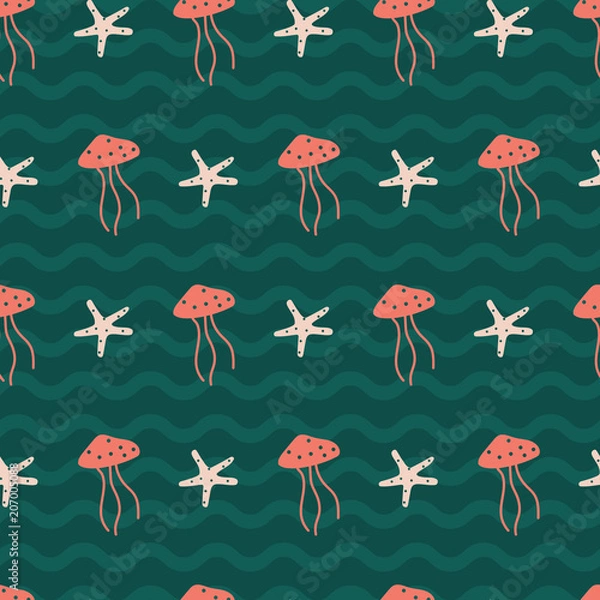 Obraz Peach jellyfish and star fish in wavy tosca green. A playful, modern, and flexible pattern for brand who has cute and fun style. Repeated pattern. Happy, bright, and nautical mood.