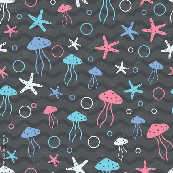 Obraz Pop pastel jelly fish, starfish in neutral wavy. A playful, modern, and flexible pattern for brand who has cute and fun style. Repeated pattern. Happy, bright, and nautical mood.