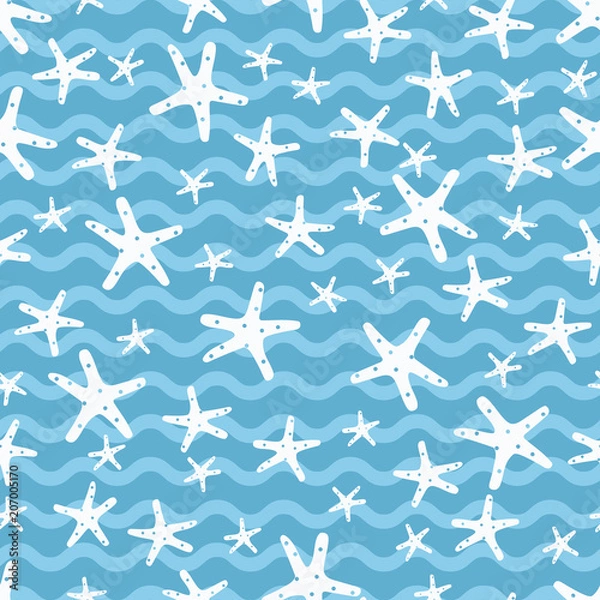 Obraz White star fish in blue ocean. A playful, modern, and flexible pattern for brand who has cute and fun style. Repeated pattern. Happy, bright, and nautical mood.
