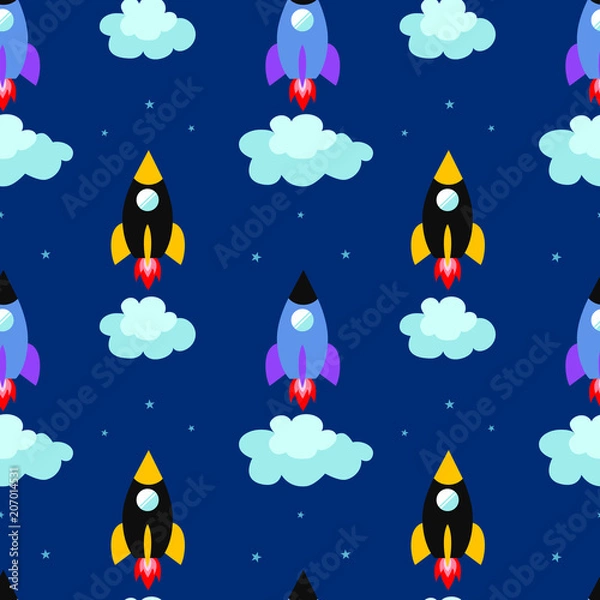 Fototapeta Space rocket seamless pattern. Childish vector background with stars, clouds and rockets
