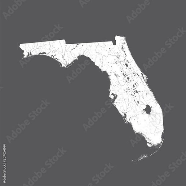Fototapeta U.S. states - map of Florida. Please look at my other images of cartographic series - they are all very detailed and carefully drawn by hand WITH RIVERS AND LAKES.