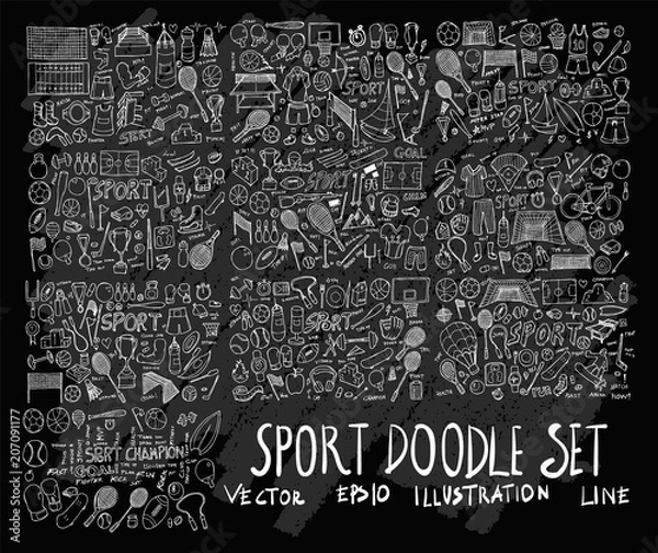 Fototapeta Hand drawn Sketch doodle vector line Sport element icon set on Chalkboard eps10