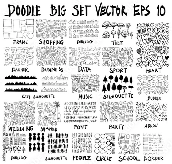 Fototapeta Doodle Vector Big collection of frame, shopping, building, tree, heart, banner, business, data, sport, city, music, silhouette, bubble, wedding, summer, font, party, arrow, people