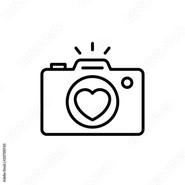 Fototapeta wedding party camera photography documentation icon. camera with love lens illustration for wedding concept design. simple clean monoline symbol.