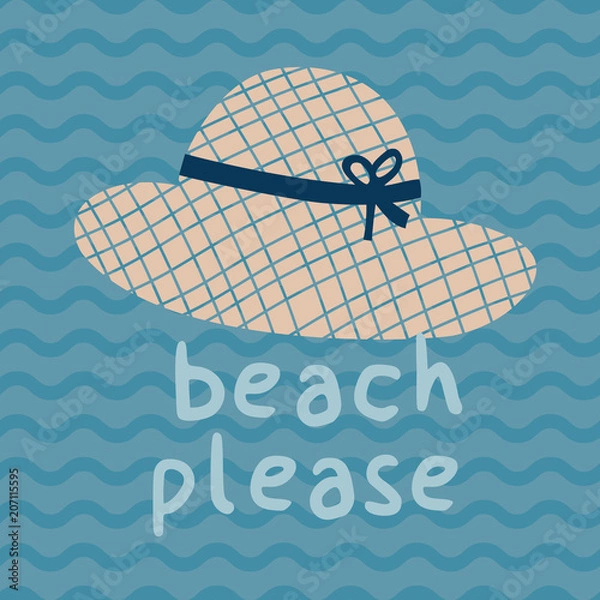 Obraz Beach please summer hat print poster. A playful, modern, and flexible print for brand who has cute and fun style. Happy, bright, and nautical mood.