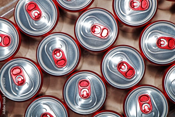 Fototapeta Metal cans with cooling drinks on a white background