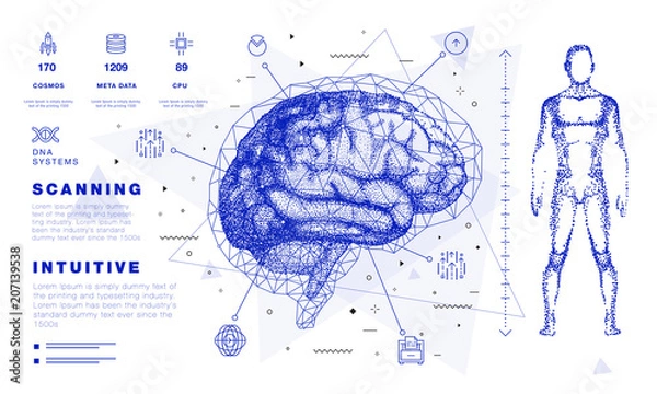 Fototapeta Human brain in Innovations systems global study of the connection with robotics and the development of science in the field of the cyber industry. Realistics point style with linear inphographics pict
