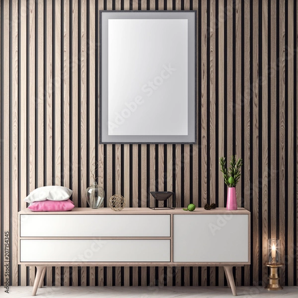 Fototapeta Mock up poster frame in hipster interior background in pink colors and wood wall planks, 3D illustration