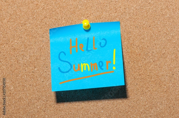 Fototapeta Hello Summer - text on little blue paper pinned to cork board background
