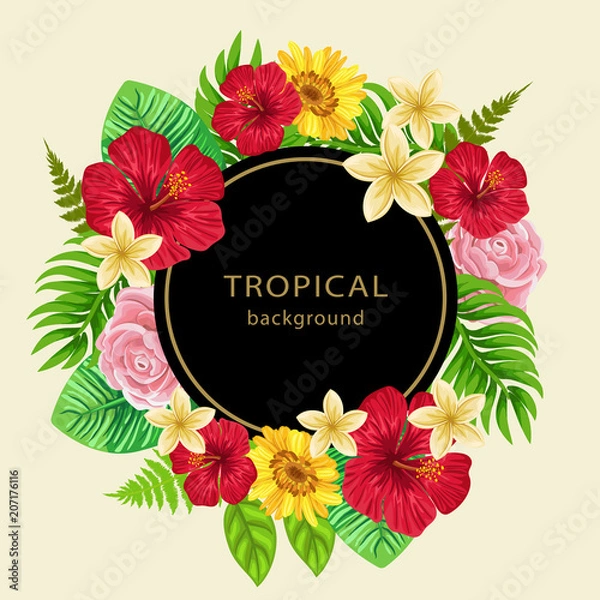 Obraz Round frame with tropical leaves and flowers on dark  background. Vector label or invitation card with space for text.