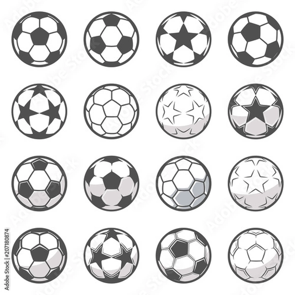 Fototapeta Zestaw szesnastu monochromatycznych piłek nożnych. Związane z piłką nożną lub piłką nożną. Kolekcja symbol piłki nożnej