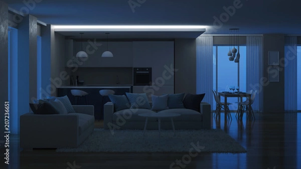 Fototapeta Współczesne wnętrze domu. Wieczorne oświetlenie. Noc. Renderowanie 3D.