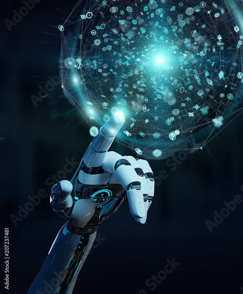 Obraz White humanoid hand using digital global network 3D rendering