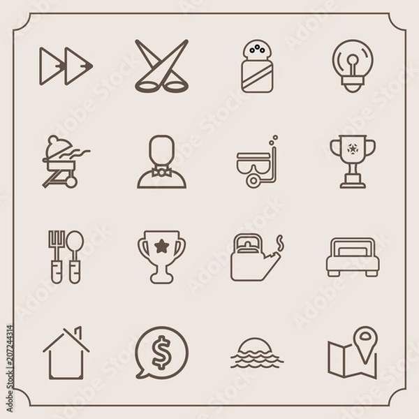 Fototapeta Modern, simple vector icon set with building, steam, double, kettle, kitchen, pin, backdrop, landscape, restaurant, label, scene, player, map, frame, spoon, music, audio, bed, hot, achievement icons
