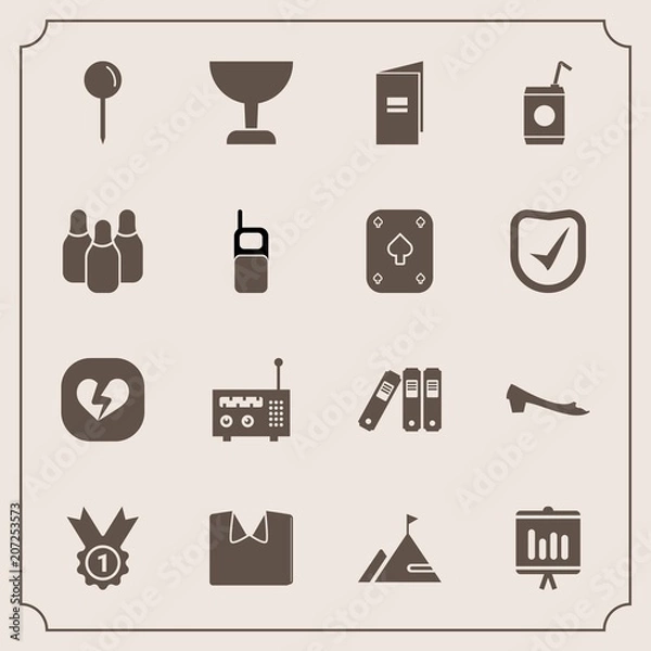 Fototapeta Modern, simple vector icon set with radio, old, communication, media, drink, map, drop, white, business, beverage, sport, report, cold, file, element, heart, nature, brochure, search, clothing icons