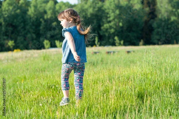 Fototapeta Little girl running in the meadow, back view