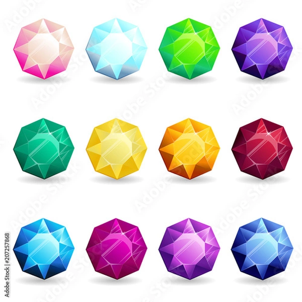 Fototapeta Isolated colorful gemstones of octagon shape set. Vector illustration for jewelry design.