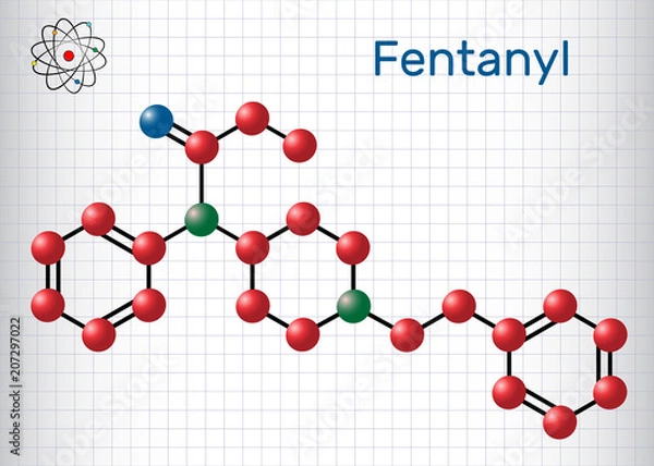 Fototapeta Fentanyl molecule. It is opioid analgesic. Structural chemical formula and molecule model. Sheet of paper in a cage