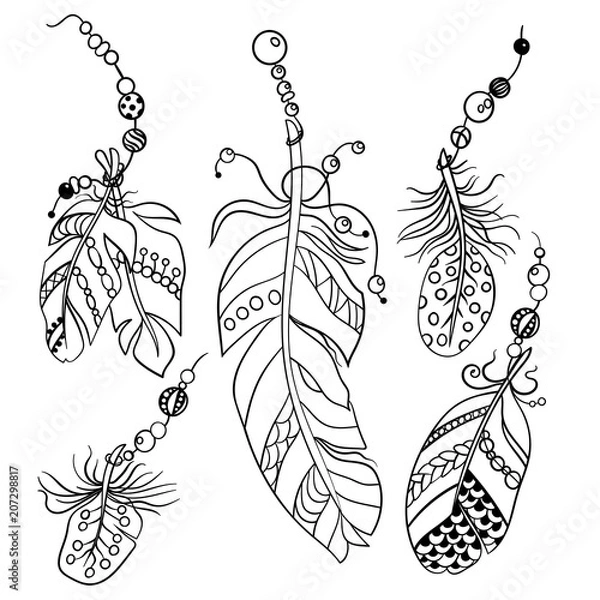 Obraz Set of five feathers in tribal american ethnic style in coloring page in vector