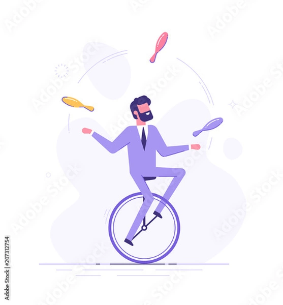 Fototapeta Przystojny biznesmen jedzie na monocyklu i żongluje różnymi zadaniami. Koncepcja wielozadaniowości. Ilustracja wektorowa płaski.