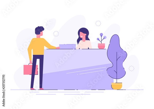 Fototapeta Customer at reception. Young woman receptionist standing at reception desk. Modern vector illustration.