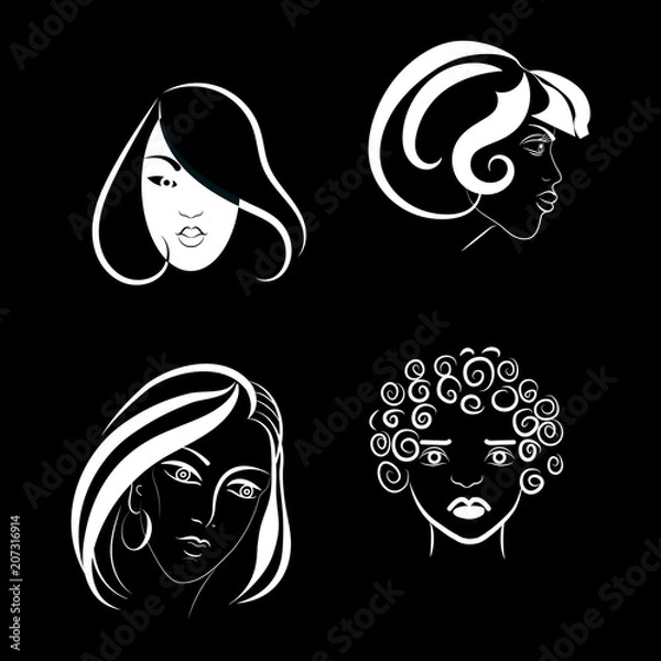 Fototapeta Vector white on a black background contours of the icons of female faces in the face and in a profile of different races, the concept of female solidarity and unity.