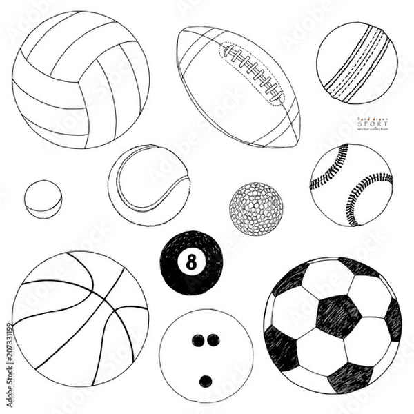 Obraz Vector set of sport balls. Hand drawn sketch. Isolated on white background