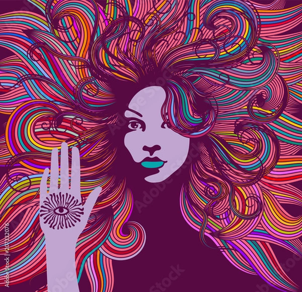 Fototapeta Psychodeliczny portret hippiski o kolorowych włosach i wszystkowidzącym oku na dłoni.