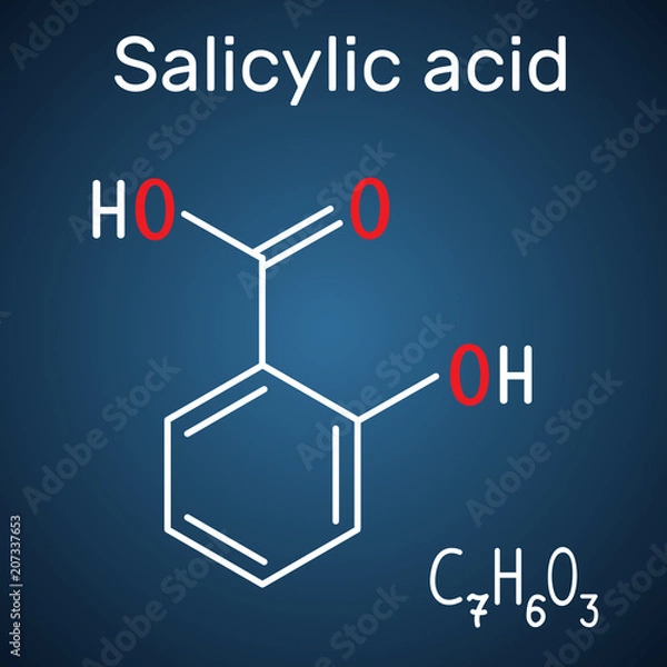 Fototapeta Salicylic acid molecule. It is a type of phenolic acid. Structural chemical formula and molecule model on the dark blue background
