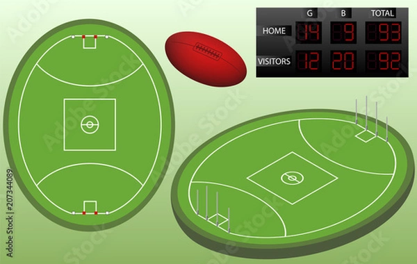 Obraz Australian football isometric playground, ball, and scoreboard. Australian football playground top view. Isolated.