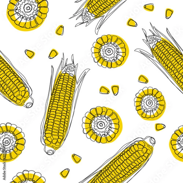 Obraz Corn color seamless pattern. Hand drawn vector seamless pattern in doodle style. Continuous line drawing.