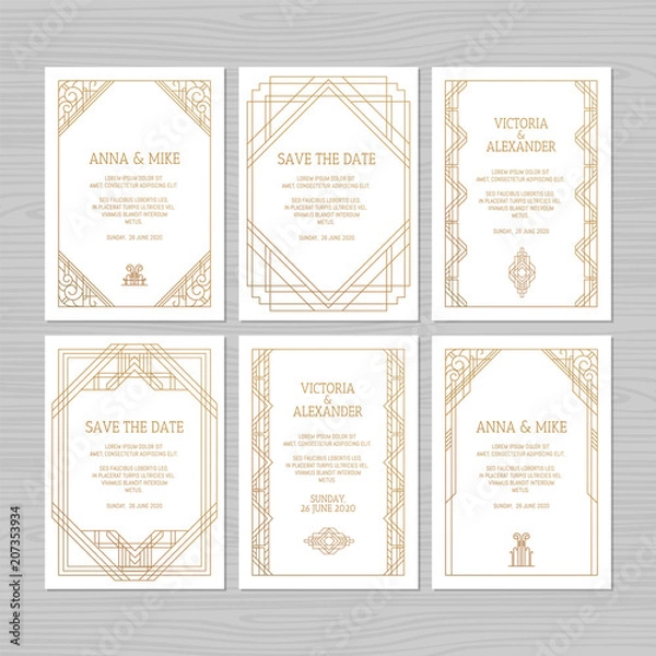 Obraz Luxury wedding invitation or greeting card with geometric ornament. Art Deco style. Paper envelope template. Wedding invitation envelope mock-up for laser cutting. Vector illustration.
