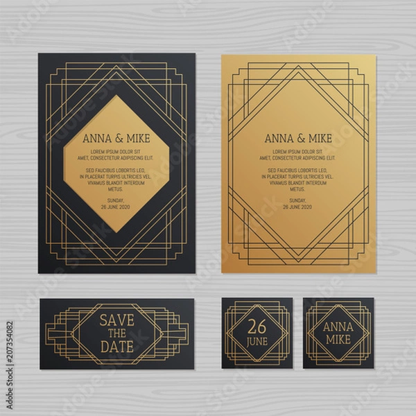 Obraz Luxury wedding invitation or greeting card with geometric ornament. Art Deco style. Paper envelope template. Wedding invitation envelope mock-up for laser cutting. Vector illustration.