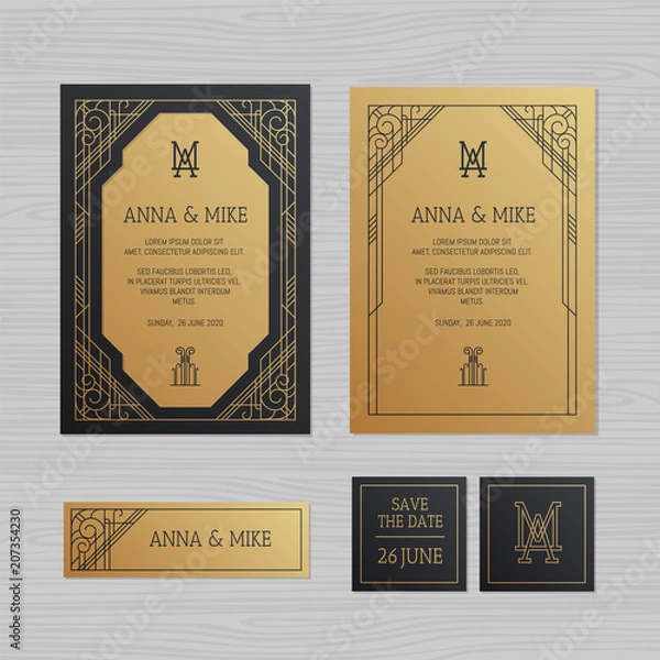 Obraz Luxury wedding invitation or greeting card with geometric ornament. Art Deco style. Paper envelope template. Wedding invitation envelope mock-up for laser cutting. Vector illustration.