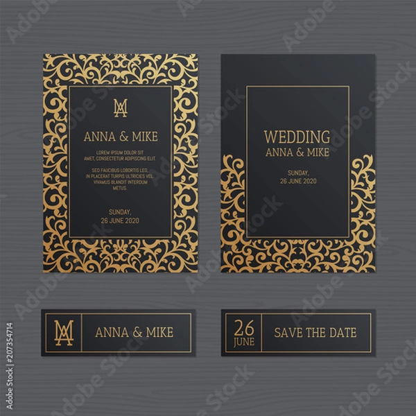 Obraz Luxury wedding invitation or greeting card with geometric ornament. Art Deco style. Paper envelope template. Wedding invitation envelope mock-up for laser cutting. Vector illustration.