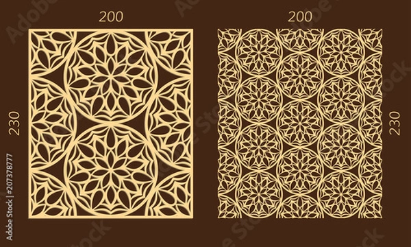 Fototapeta Laser cutting set. Woodcut vector trellis panel. Plywood lasercut eastern design. Hexagonal seamless pattern for printing, engraving, paper cutting. Stencil lattice ornament.