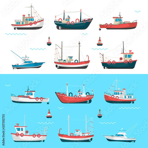 Fototapeta Widok z boku łodzi rybackich i boje z niebieskim tle morza i na białym tle. Ilustracja widok z boku.