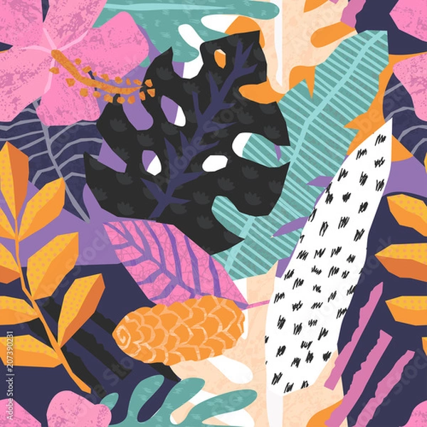 Fototapeta Vector seamless pattern with tropical jungle leaves.