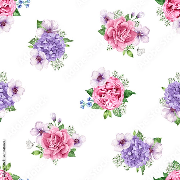 Fototapeta Apple tree, roses, hydrangea flowers petals and leaves in watercolor style on white background. Seamless pattern for textile, wrapping paper, package