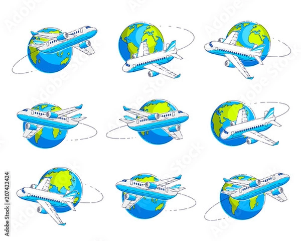 Fototapeta Airlines air travel emblems or illustrations with plane airliner and planet earth. Beautiful thin line vectors set isolated over white background.