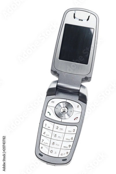 Obraz Used silver cellular mobile telephone on a white background
