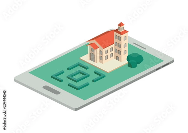 Fototapeta smartphone with camp and building isometric vector illustration design