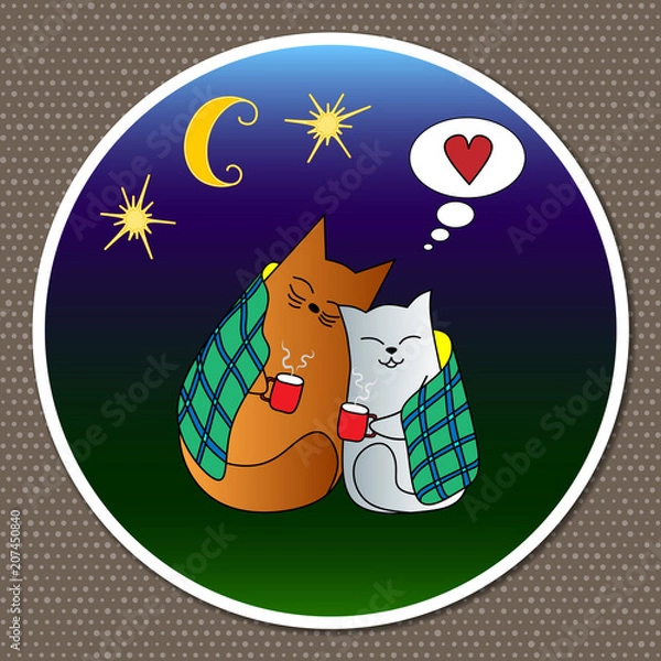 Fototapeta Vector bright cheerful illustration. A couple in love cute, funny cats, drinking coffee out of mugs while sitting under a starry night sky.